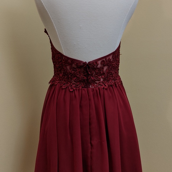 Burgundy Beaded Lace Top with Chiffon Flare Skirt - Picture 2 of 6